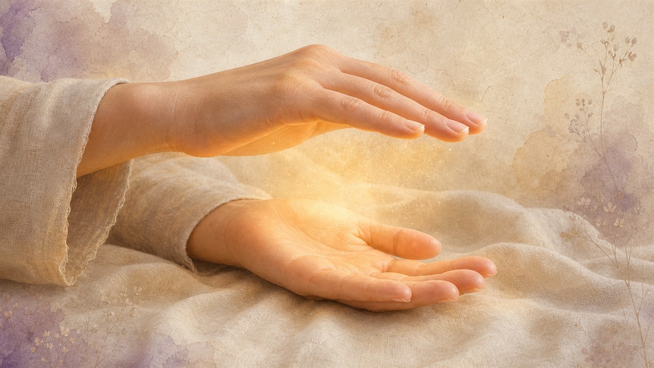 Eine Hand schwebt achtsam über der anderen