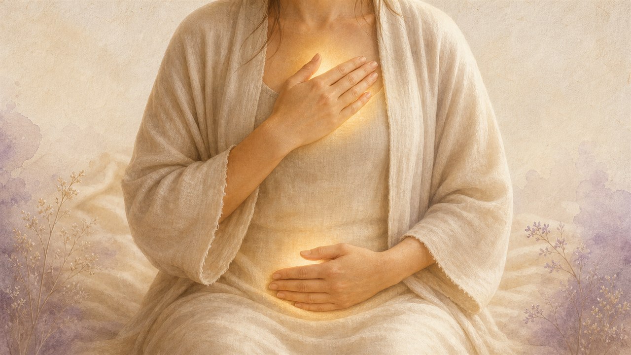 Eine Hand liegt am Herzen und eine am Bauch