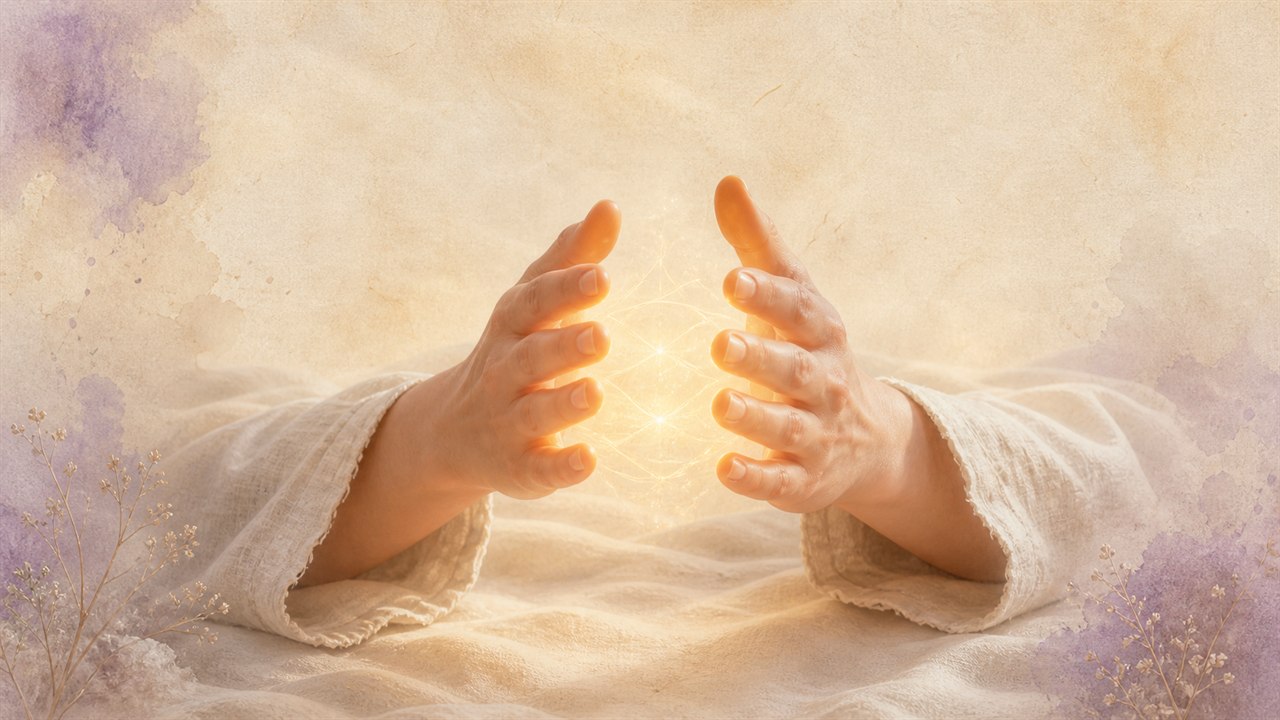 Hands listening to the warm field between the palms