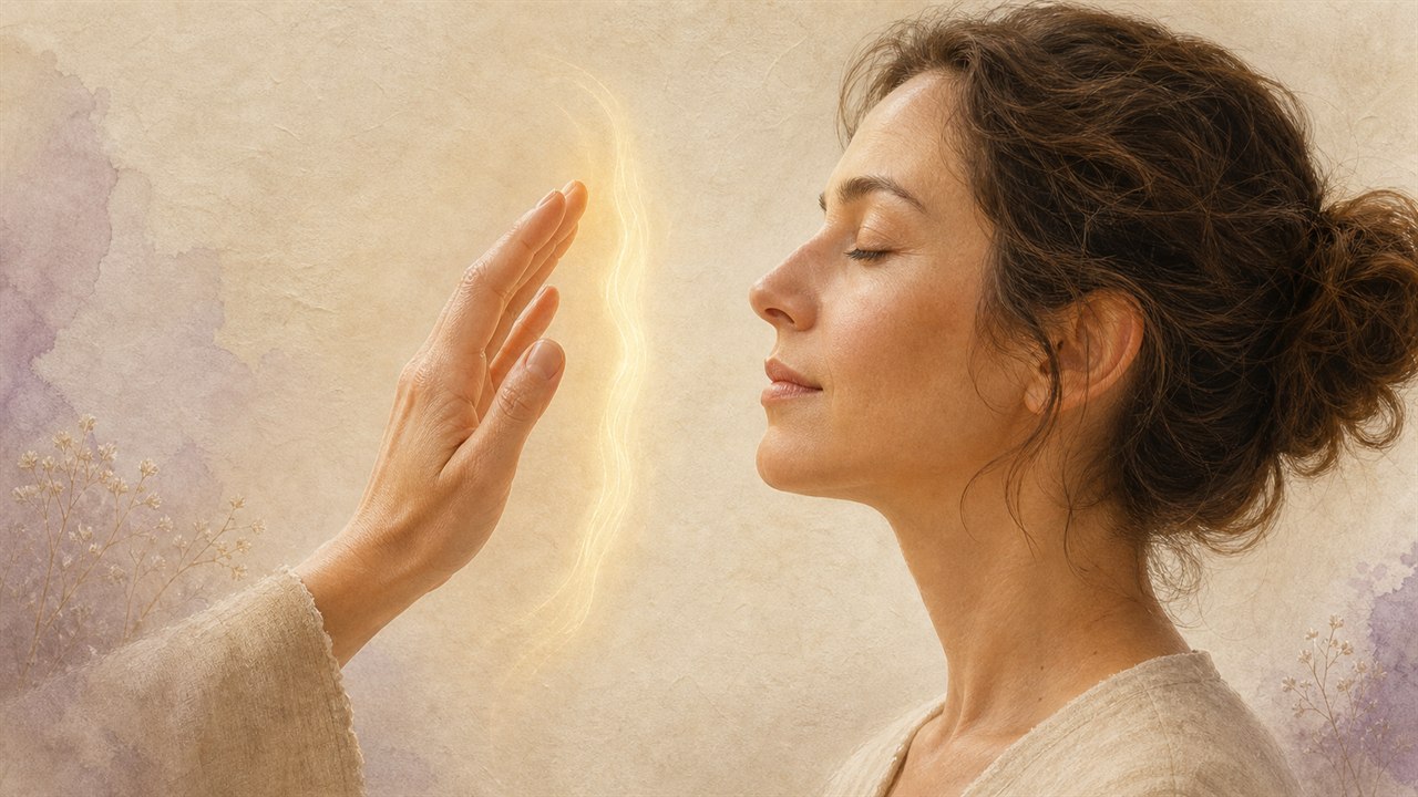 A hand sensing the distance in front of the face