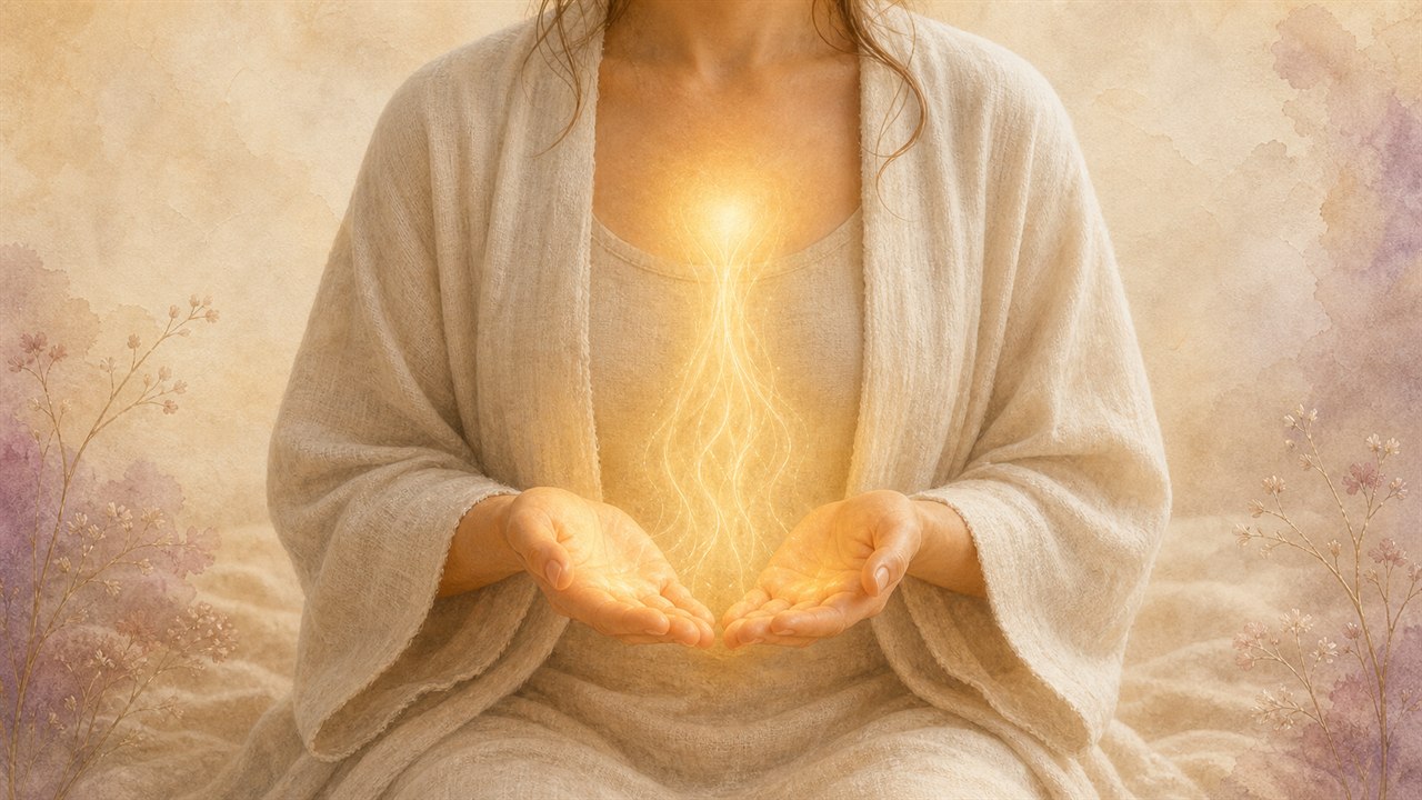 Espaço do coração e palmas ligados por luz quente